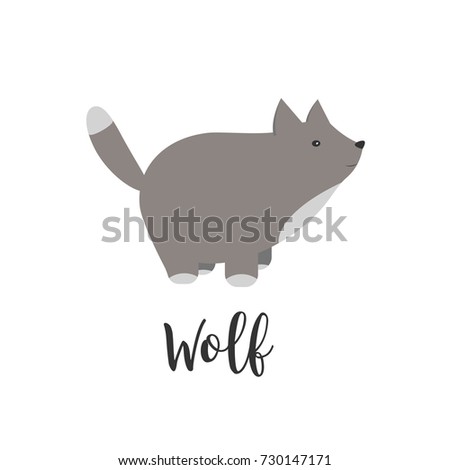 Vector baby animal and hand letters. Greeting card with cute wolf. Vector cartoon illustration of baby animals. Logo, badges, banners, emblem and design elements