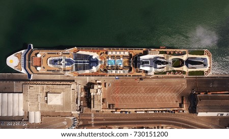 Aerial view of mega/huge cruise ship anchored at Haifa port, over 300 m long