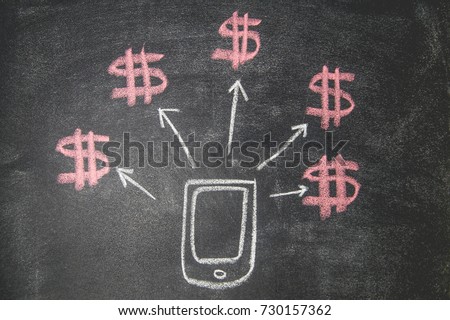 The blackboard writing with chalk and the concept of business and finance, Icon US Dollar with mobile.