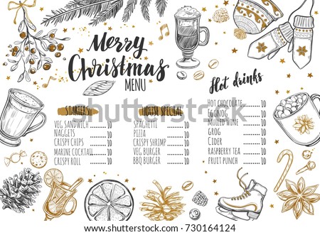 Merry Christmas festive Winter Menu. Design template includes different Vector hand drawn illustrations and Brushpen Modern Calligraphy. Beverages, food and christmas elements.  Royalty-Free Stock Photo #730164124
