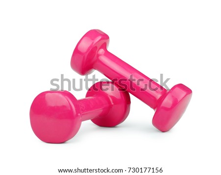 Two pink dumbbells isolated on white background Royalty-Free Stock Photo #730177156