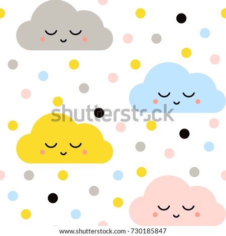 Cute Vector Seamless Baby Pattern with Clouds. Colorful Funny Print for Kids, Birthday card, Wallpaper, Texture, Baby Shower Invitation Template.