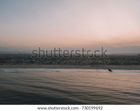 Fresh sunrise morning at the Venice beach in Los Angeles. Aerial view from above. USA