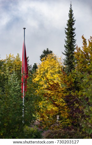 Autumn trees and a red flag. Verical picture of nature with strong contrast between the foreground and he background, making the colors pop out