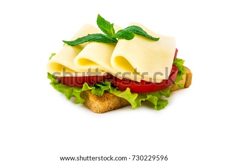a sandwich with cheese, tomato, salad, on a white isolated background