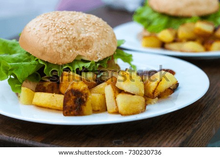 Hamburger and fried potatoes on a white plate