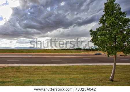 Approaching thunderstorm viewed from across a road and agricultural field near Chandler, Arizona