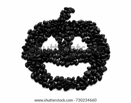 Black and white pattern of coffee beans in ghost doodle background.