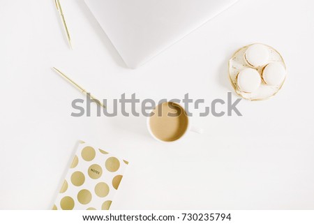 Modern gold stylized home office desktop. Flat lay, top view lifestyle background.