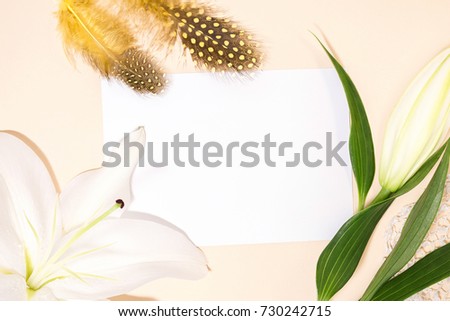 Beautiful blank, design layout, white frame for text, copy space, pen, flowers
