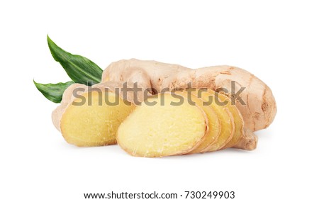 Root of ginger with leaves isolated on white background Royalty-Free Stock Photo #730249903