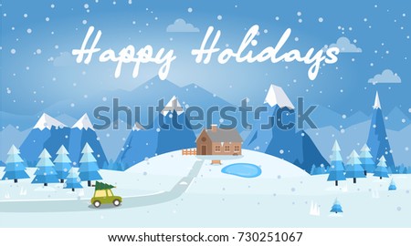 Vector illustration of winter landscape with car, pines and snowflakes. Cozy winter scene in mountains.