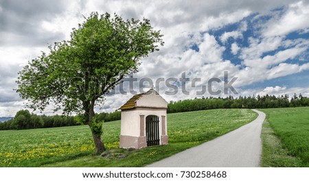 Chapel and alone tree in meadow with flowering spring dandelions. Taraxacum officinale. Rural landscape with yellow flowers in grass. Sky and white clouds. Forest on background. South Bohemia, Europe.