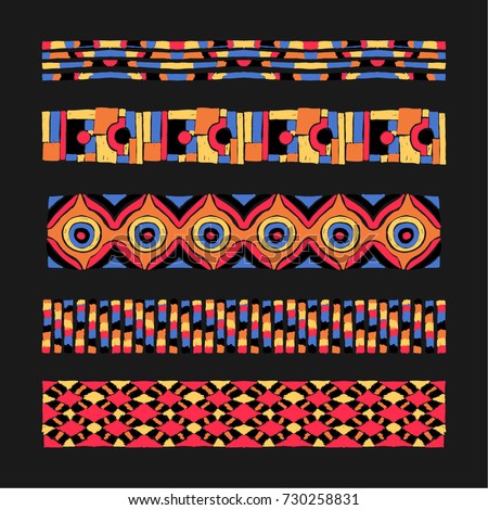 Set of ethnic art brushes in African style.  The Aztec pattern. Oriental lace tape. Indian jewel. Embroidery on fabric. Tribal art. The decoration of clothes. Ribbon, border. Beadwork with ornament.