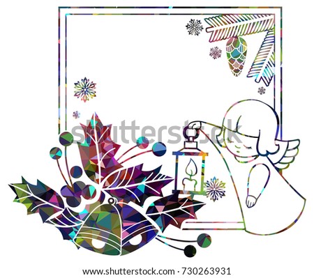 Christmas sparkling frame with cute angels. Copy space. Christmas holiday background. Raster clip art.