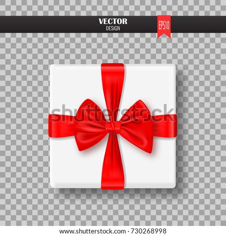 Decorative gift box with red bow and ribbon. Vector illustration.