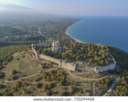 Aerial panoramic view of the famous castle of Platamonas. Its a Crusader castle in northern Greece and is located southeast of Mount Olympus in a strategic position near Katerini town. Pieria - Greece