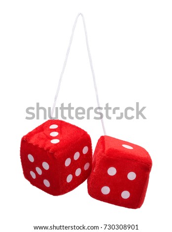 Red Fuzzy Hanging Dice Isolated on White Background. Royalty-Free Stock Photo #730308901