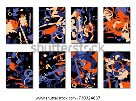 Set of 8 Cover Templates with Bright Brush Strokes on Black Background. Abstract Editable Design in Retro Style of 1990s. Colorful Base For Poster, Banner, Greeting Card or Invitation.