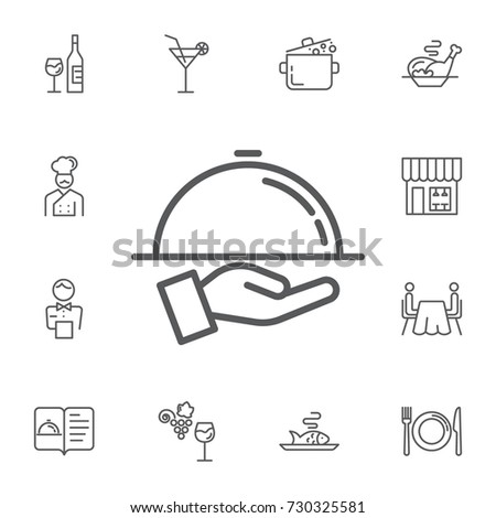 Tray on the hand icon on the white background. Simple Set of restaurant Vector Line Icons. Royalty-Free Stock Photo #730325581
