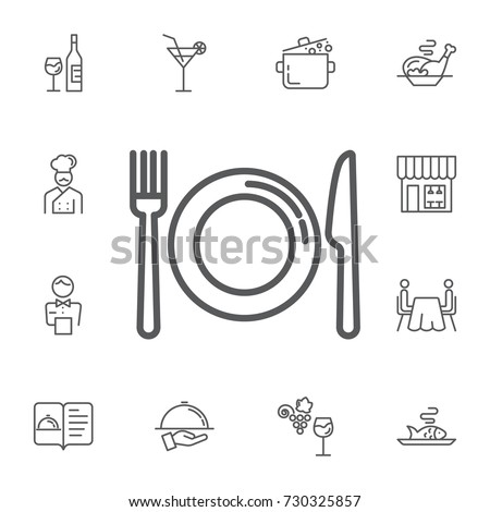 kitchen icon of dish, fork and knife on the white background. Simple Set of restaurant Vector Line Icons. Royalty-Free Stock Photo #730325857