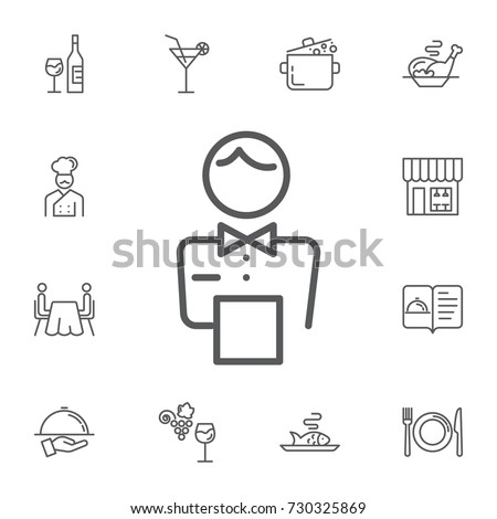 elegant waiter character icon on the white background. Simple Set of restaurant Vector Line Icons. Royalty-Free Stock Photo #730325869
