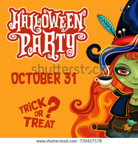 Vector halloween party invitation poster banner with spooky lettering greetings label - Happy Halloween. Young witch flying in hat, on broomstick, drinking hot tea with candies, friendly cute spider.