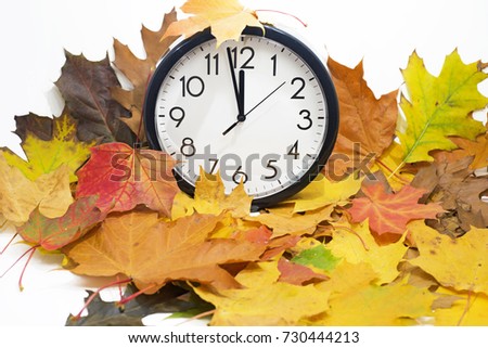 Isolated electronic wall clock. Autumn abstraction. Fall back time. Royalty-Free Stock Photo #730444213
