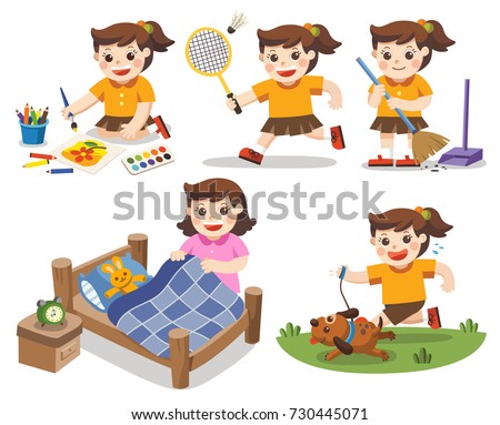 The daily routine of A cute girl on a white background.Isolated vector. [Make a bed, Do homework , Drawing, Play badminton, Run with his dog, Clean] Royalty-Free Stock Photo #730445071