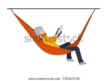 Climber hiking, tourist resting in a hammock hanging in the mountains, the tourist with the tablet. Isolated against white background. Vector illustration. Cartoon flat style.