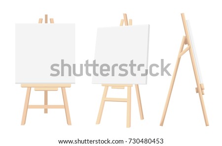 Vector Set of Brown Sienna Wooden Easels with Mock Up Empty Blank Canvases Isolated on Background Paint Desk and White Paper Isolated On Background. Vector illustration Web site page and mobile app. Royalty-Free Stock Photo #730480453