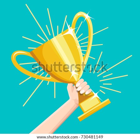 Winner business goal achievement vector concept, flat style happy successful businessman holding golden cup award in hand, leadership idea, first place prize victory, competition. Royalty-Free Stock Photo #730481149
