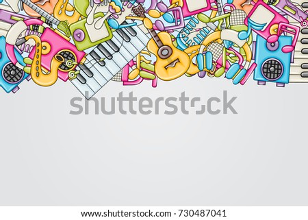 Music concept. Musical instruments and objects. Background design with free space for text. Hand drawn doodle style. Template for advertisement, flyer, banner, brochure. Vector illustration.