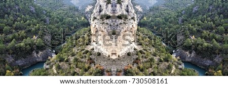 Symmetrical landscape photography of the Cuenca mountain range, Sickles of the river Jucar in the Window of the Devil