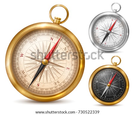 Vintage or retro style compass in shiny metal case. Set of different colored compasses. Vector illustration. Isolated on white background.