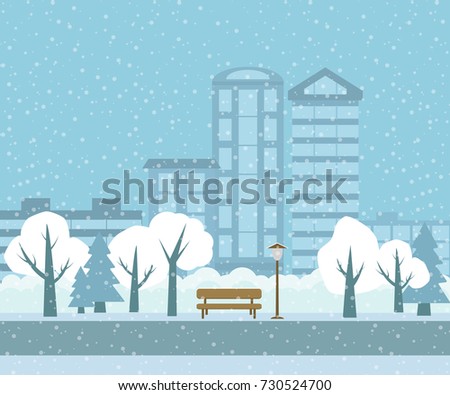 Vector landscape of a winter park on a city background