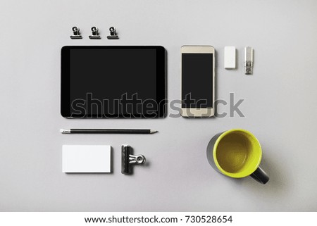 Blank stationery set on gray background. Corporate identity template. ID mockup. Mock up for branding identity. Responsive design mock-up. Top view.