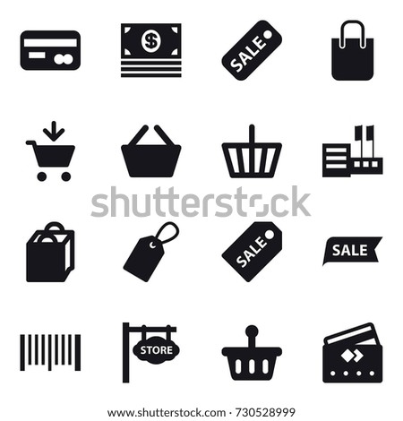 16 vector icon set : card, money, sale, shopping bag, add to cart, basket, store, label, sale label, barcode, store signboard, credit card