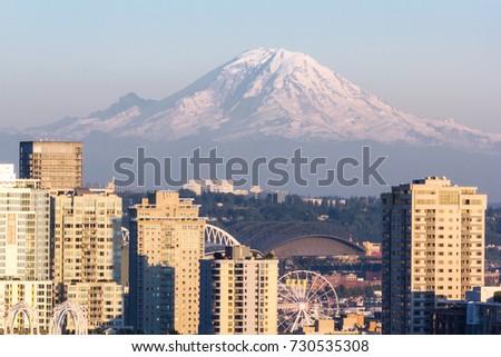 Seattle, Washington, USA - July 2,2017 : Seattle cityscape with Mount Rainier in the background as seen from Kerry park viewpoint, Seattle, Washington, USA.