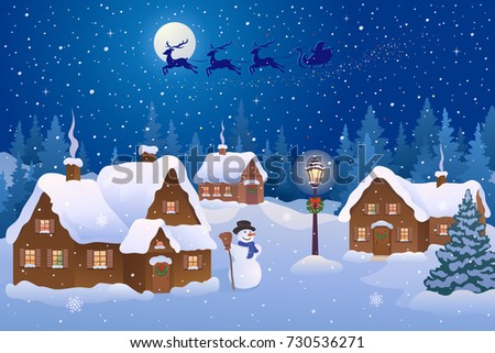 Vector cartoon illustration of a Christmas night village and Santa Claus sleigh