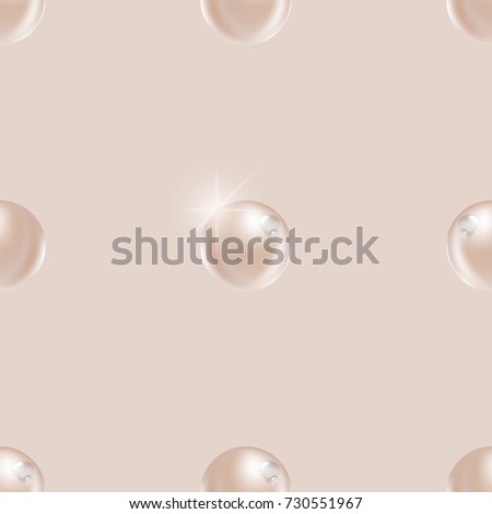 Beautiful, natural, beige, realistic pearls with dew water drops, sparkle. Shiny and glowing pearls on light beige background. Elegant, vector seamless pattern