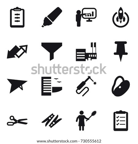 16 vector icon set : clipboard, marker, presentation, rocket, up down arrow, funnel, mall, deltaplane, hotel, scissors, clothespin, woman with pipidaster, clipboard list