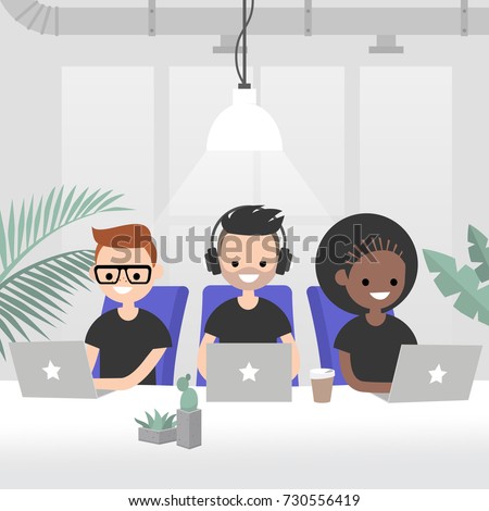 Teamwork, vector illustration. A group of young adults working in the modern open space office. Creative industry startup. Flat 2.0 vector, clip art.