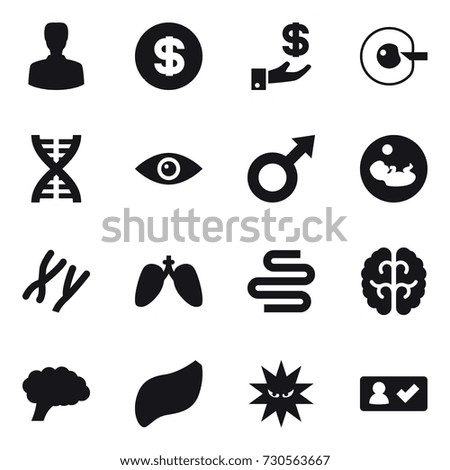 16 vector icon set : man, dollar, investment, cell corection, dna, check in