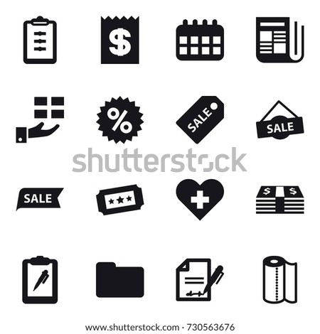 16 vector icon set : clipboard, receipt, calendar, newspaper, gift, percent, sale label, sale, ticket, paper towel