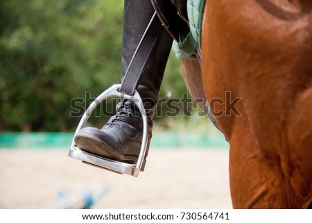 foot in a boot in stirrups on a horse. close Royalty-Free Stock Photo #730564741