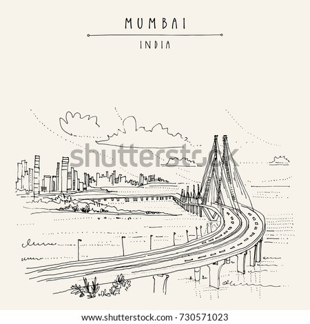 Bandra-Worli Sealink (Rajiv Gandhi Sea Link), a cable-stayed vehicular bridge in Mumbai (Bombay), India. Cityscape sketch. Travel art. Vintage hand drawn postcard in vector Royalty-Free Stock Photo #730571023