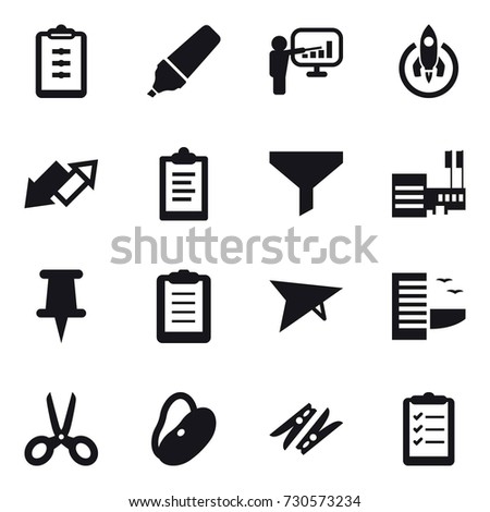 16 vector icon set : clipboard, marker, presentation, rocket, up down arrow, funnel, mall, deltaplane, hotel, scissors, clothespin, clipboard list