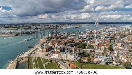 Aerial view of the town and the bay of Portsmouth, Southern England Royalty-Free Stock Photo #730578706