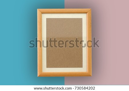Minimal work copy space Top view object Classic wooden empty Realistic square shape picture frame colourplate Creative Concept  different idea on mint blue cross contrast Pale pink pastel background